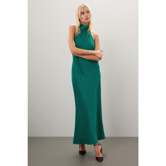 FAVIANA Green Satin Sleeveless Halter Neck Thigh-High Side Slit Gown Dress sz 14 - Picture 1 of 16